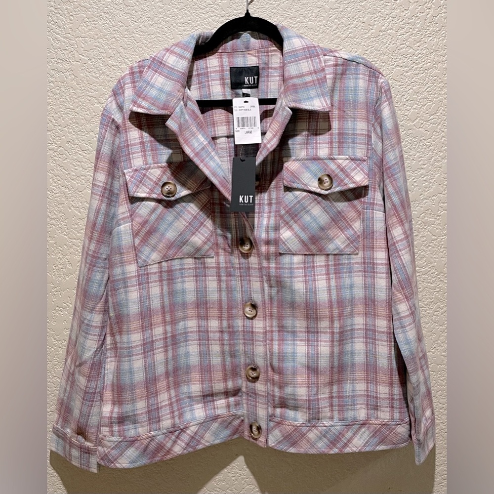 NWT KUT Shaket  Button Down Dusty Rose Blue Colors Size L Pockets